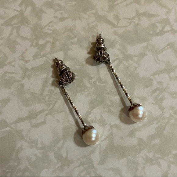 Vintage 14K White Solid Gold Genuine Pearl Pierced Earrings #8032 - Picture 5 of 6